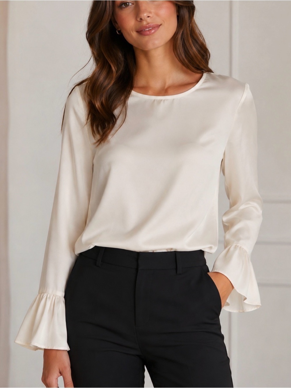 J Crew S Winter garden cream satin bell sleeve side slit blouse classic